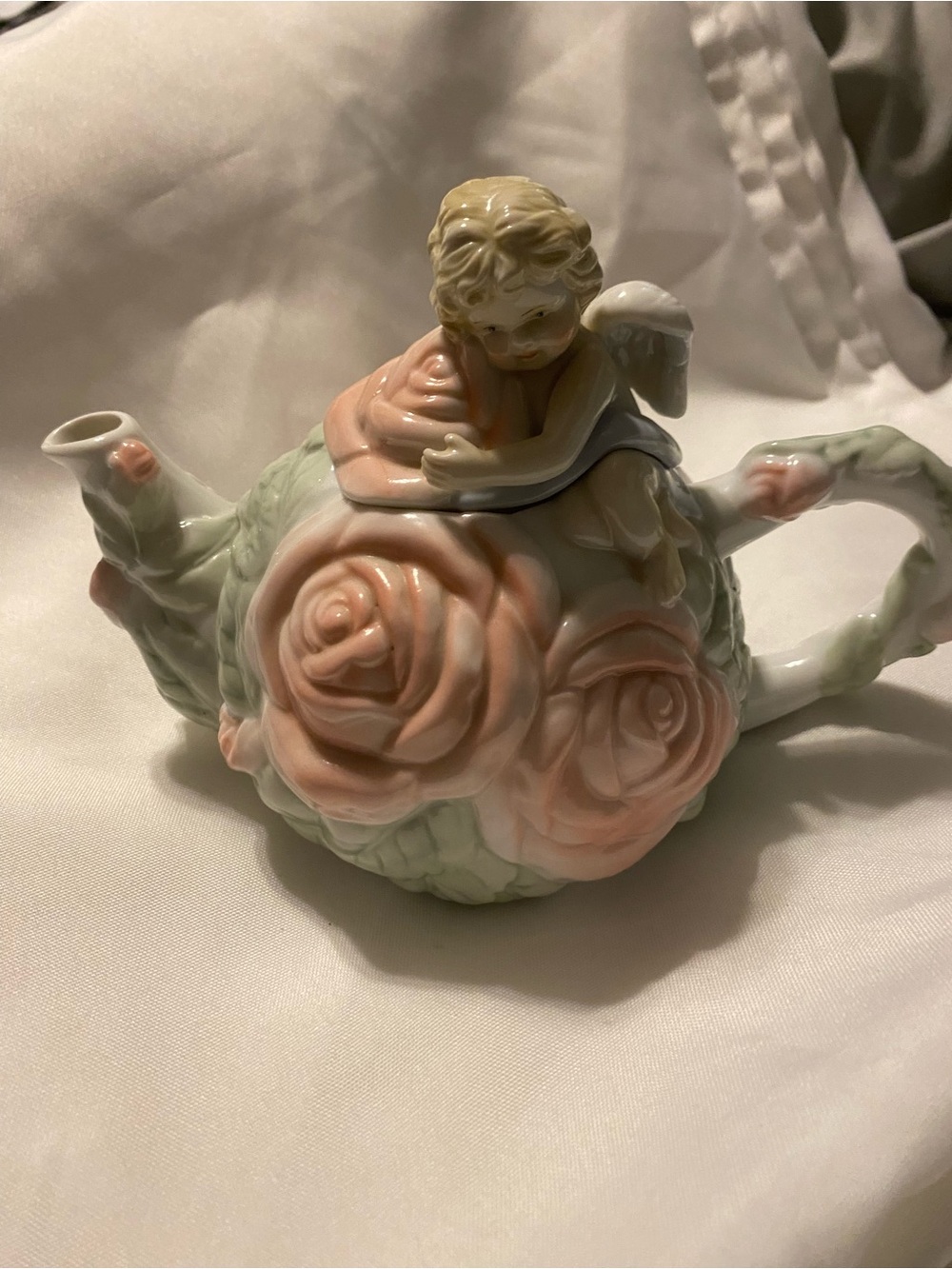 Avon Porcelain Cherub Rose Teapot - Pink, Green, Cream